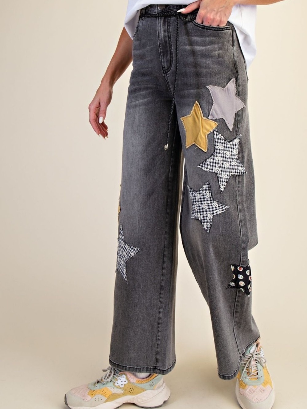 Grey Wide-Leg Jeans with Star Patches
